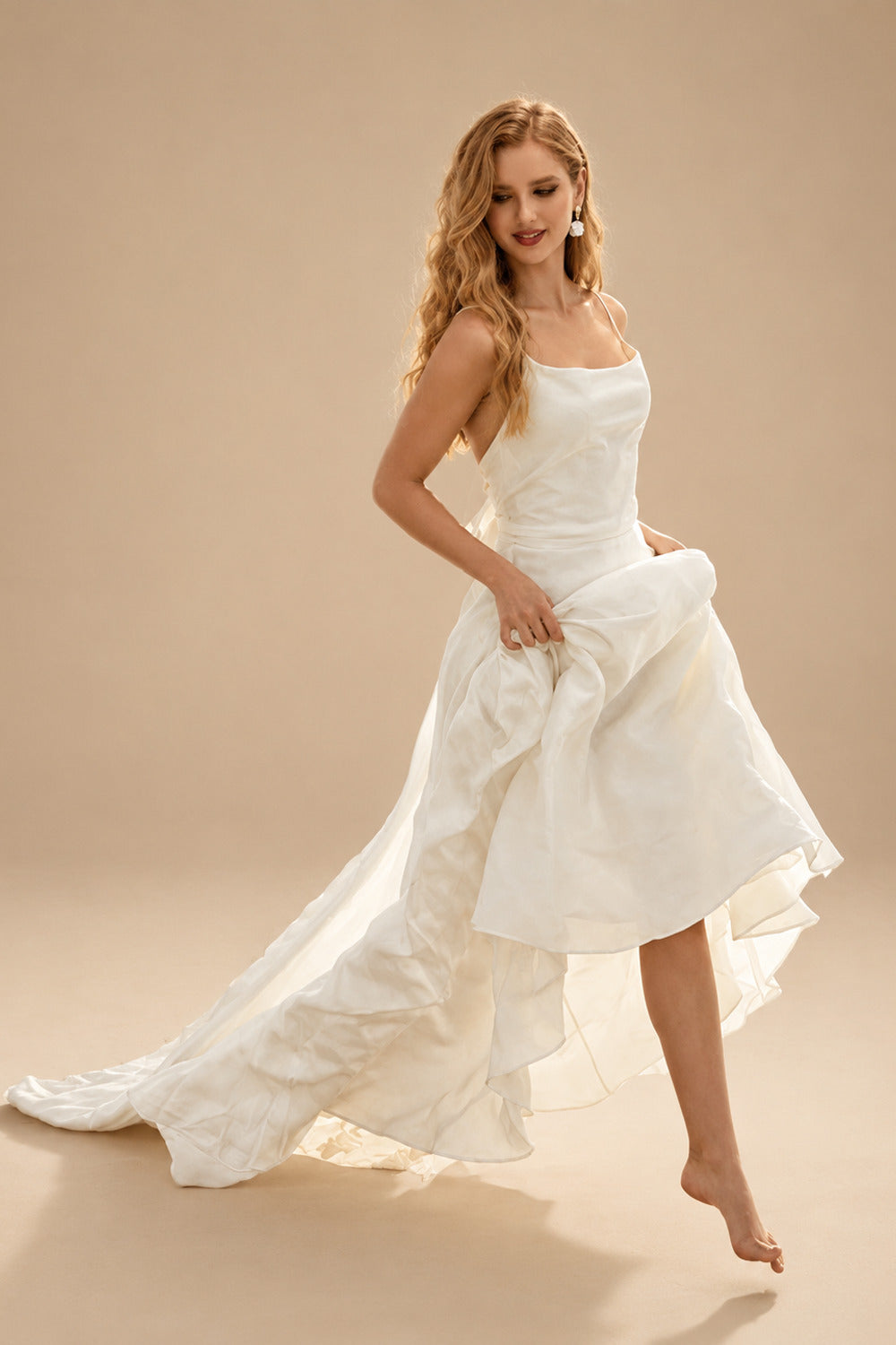 Rutipo Ivory Modern A Line Tied Back Silk Like Satin Wedding Dress