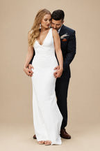 Rutipo Ivory Open Back Mermaid Elastic Satin V-Neck Wedding Dress