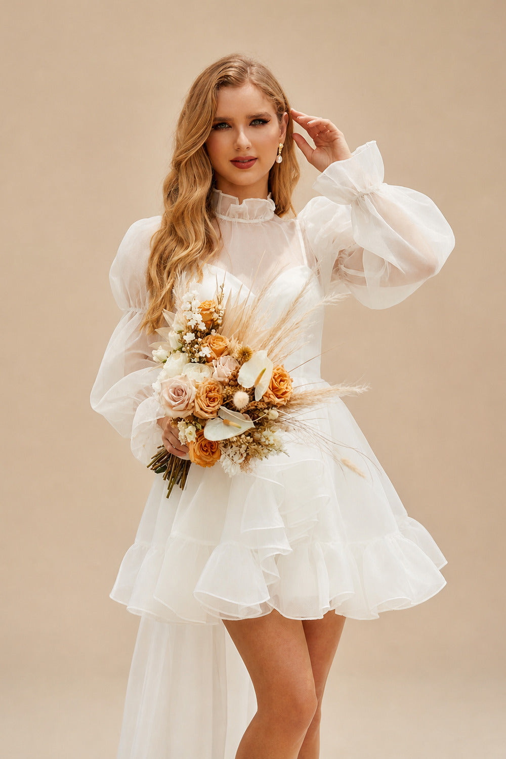 Rutipo Ivory Elopement Mini White Wedding Dresses With Long Sleeves
