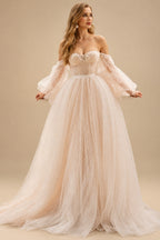 Rutipo As Picture Pink Romantic Long Sleeves Off-The-Shoulder Wedding Dresses With Lace