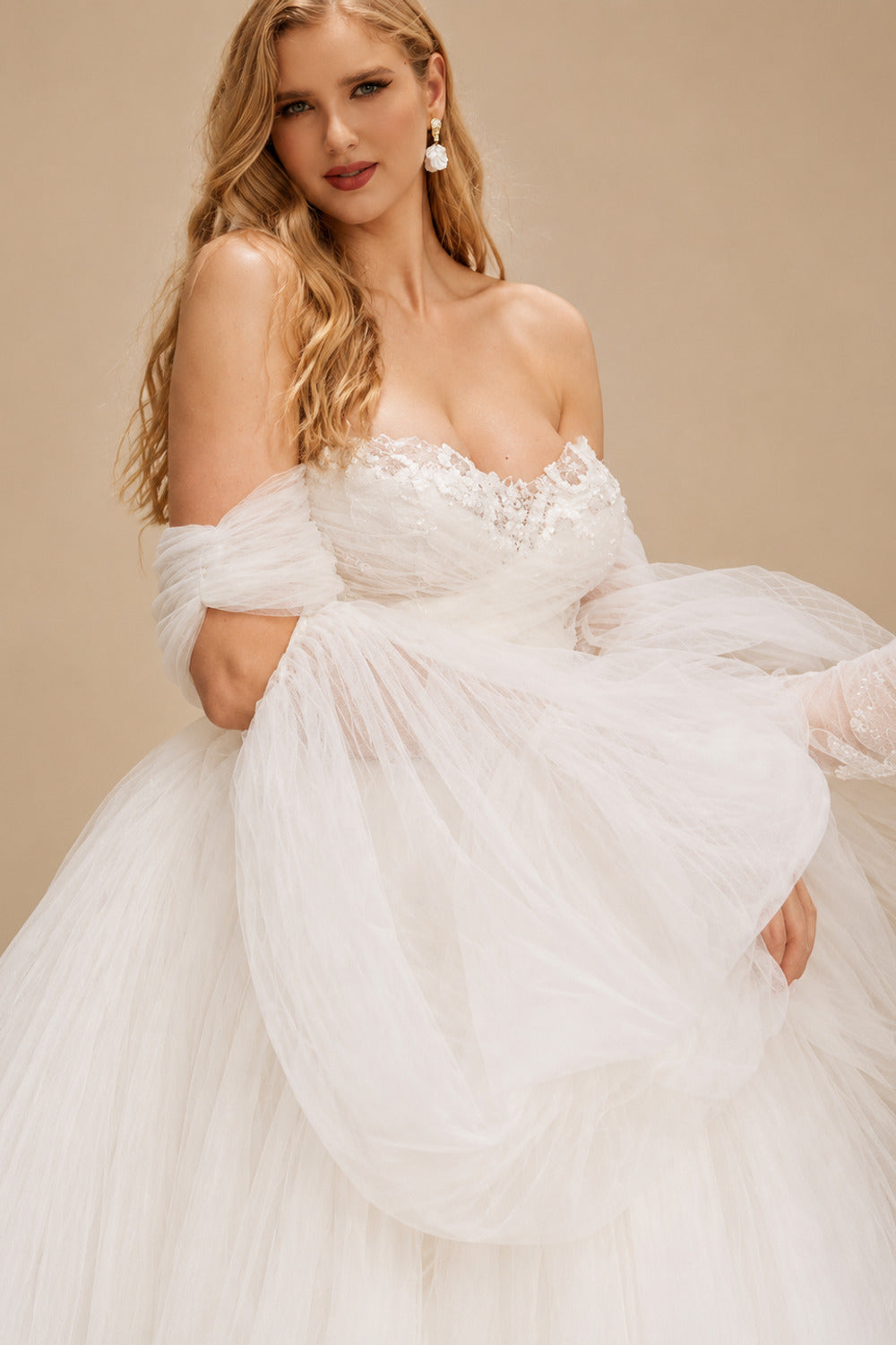 Rutipo As Picture Pink Romantic Long Sleeves Off-The-Shoulder Wedding Dresses With Lace