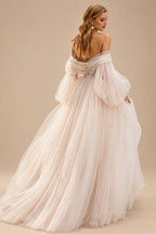 Rutipo As Picture Pink Romantic Long Sleeves Off-The-Shoulder Wedding Dresses With Lace