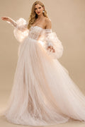 Rutipo As Picture Pink Romantic Long Sleeves Off-The-Shoulder Wedding Dresses With Lace