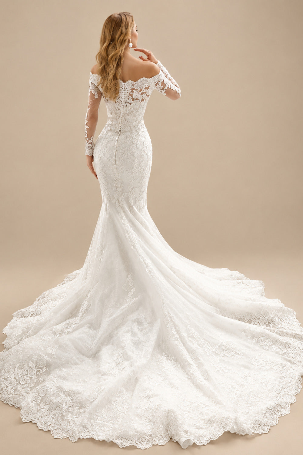 Rutipo Ivory Luxury Lace Long Sleeves Off-the-Shoulder Wedding Dresses