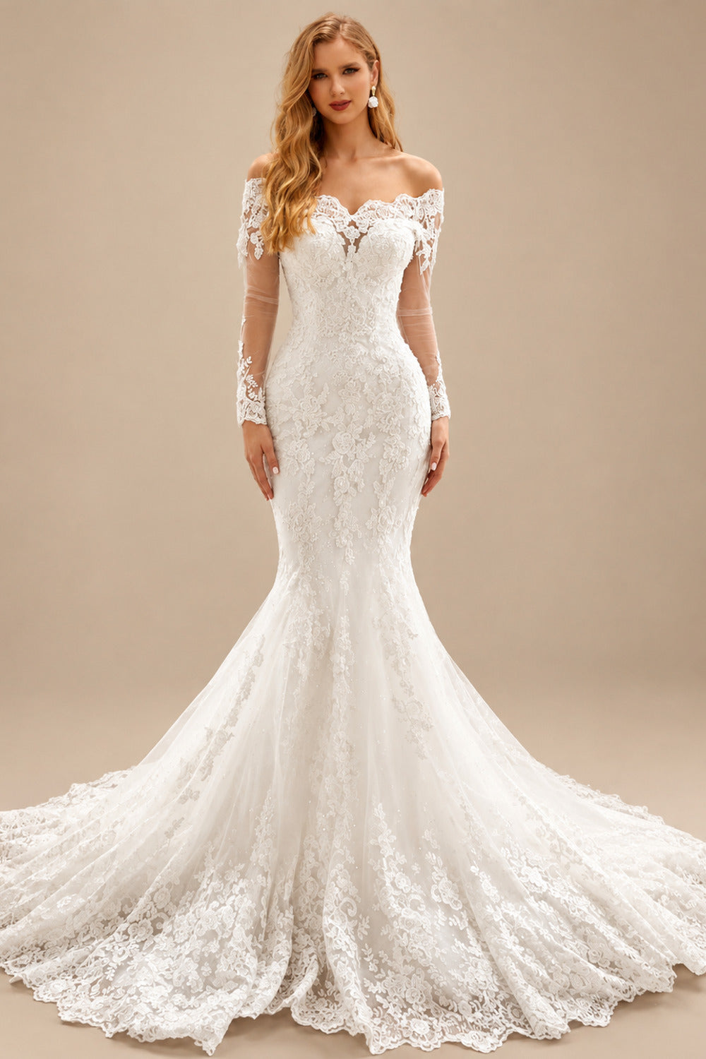 Rutipo Ivory Luxury Lace Long Sleeves Off-the-Shoulder Wedding Dresses