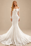 Rutipo Ivory Luxury Lace Long Sleeves Off-the-Shoulder Wedding Dresses