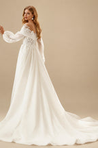 Rutipo Ivory Lace Long Sleeves Illusion Neck Wedding Dresses