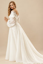 Rutipo Ivory Lace Long Sleeves Illusion Neck Wedding Dresses