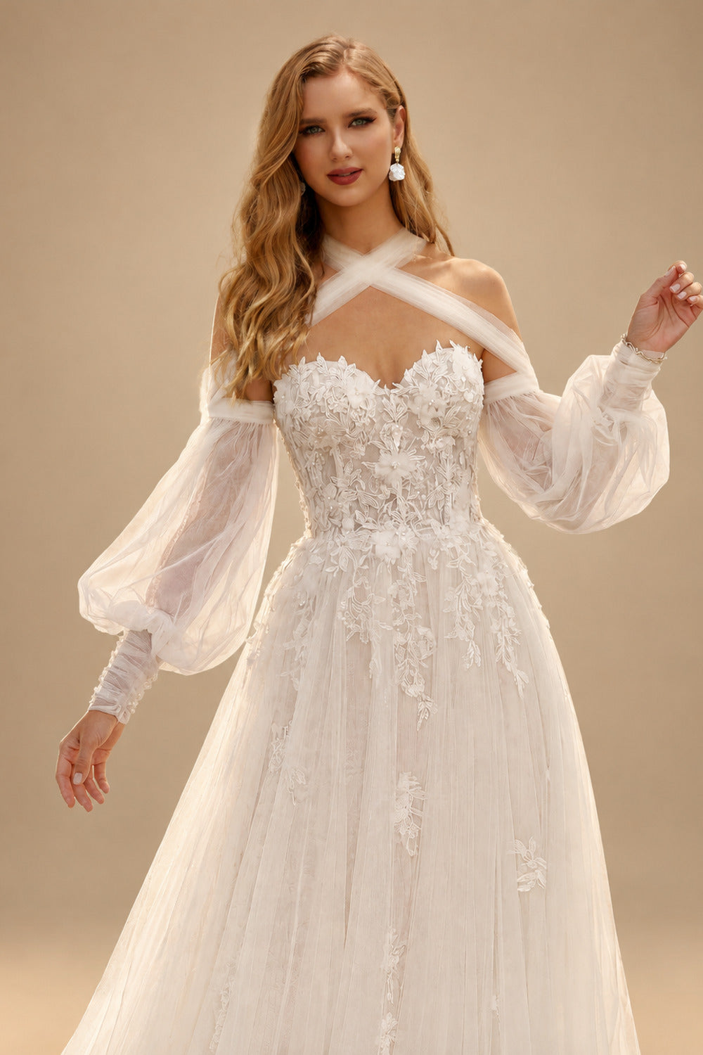 Rutipo Ivory Long Sleeves Lace Sweetheart Wedding Dresses