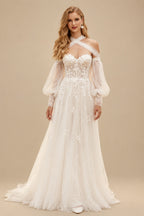 Rutipo Ivory Long Sleeves Lace Sweetheart Wedding Dresses
