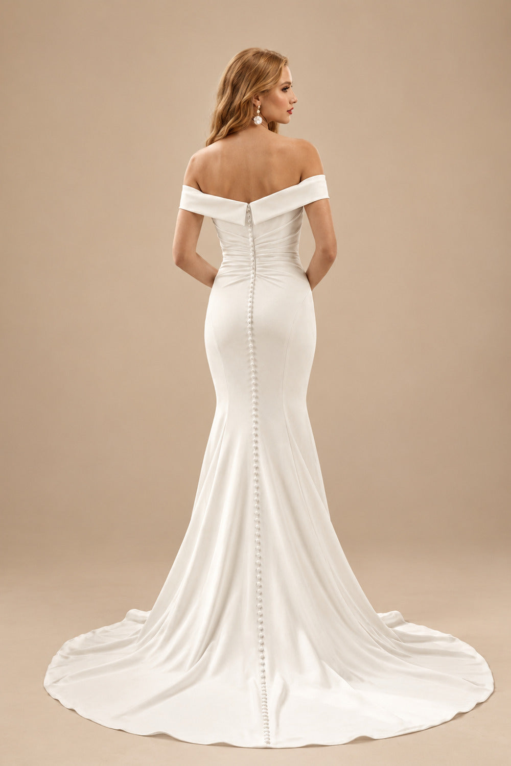 Rutipo Ivory Mermaid Off-The-Shoulder Elastic Satin Wedding Dresses With Ruffle