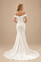 Rutipo Ivory Mermaid Off-The-Shoulder Elastic Satin Wedding Dresses With Ruffle