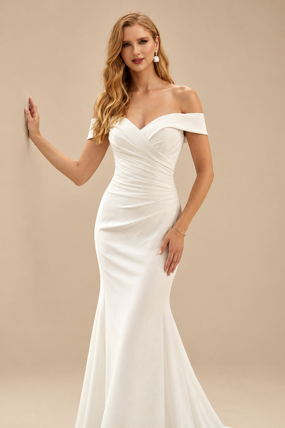 Rutipo Ivory Mermaid Off-The-Shoulder Elastic Satin Wedding Dresses With Ruffle