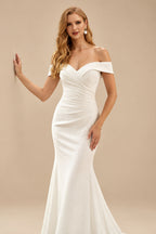 Rutipo Ivory Mermaid Off-The-Shoulder Elastic Satin Wedding Dresses With Ruffle