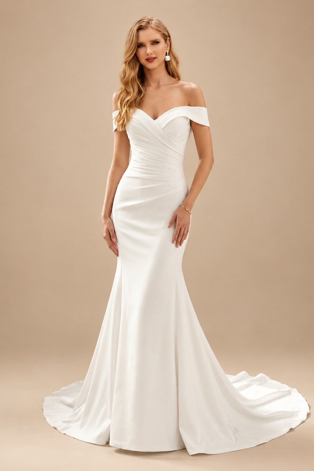 Rutipo Ivory Mermaid Off-The-Shoulder Elastic Satin Wedding Dresses With Ruffle