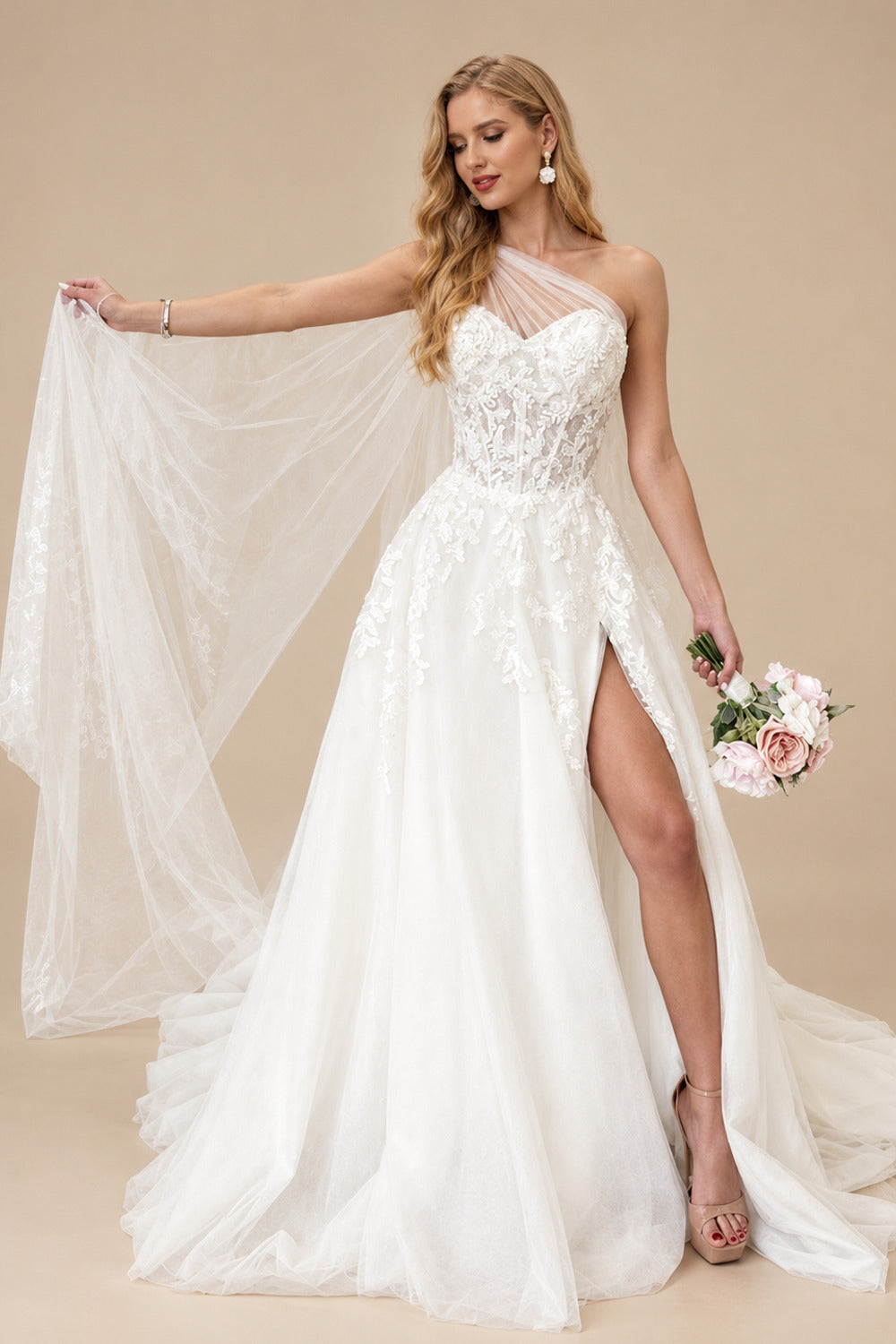 Rutipo Ivory Boho One-Shoulder Lace/Tulle Wedding Dresses With Sequins