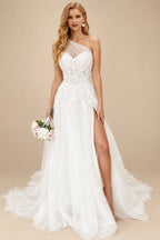 Rutipo Ivory Boho One-Shoulder Lace/Tulle Wedding Dresses With Sequins