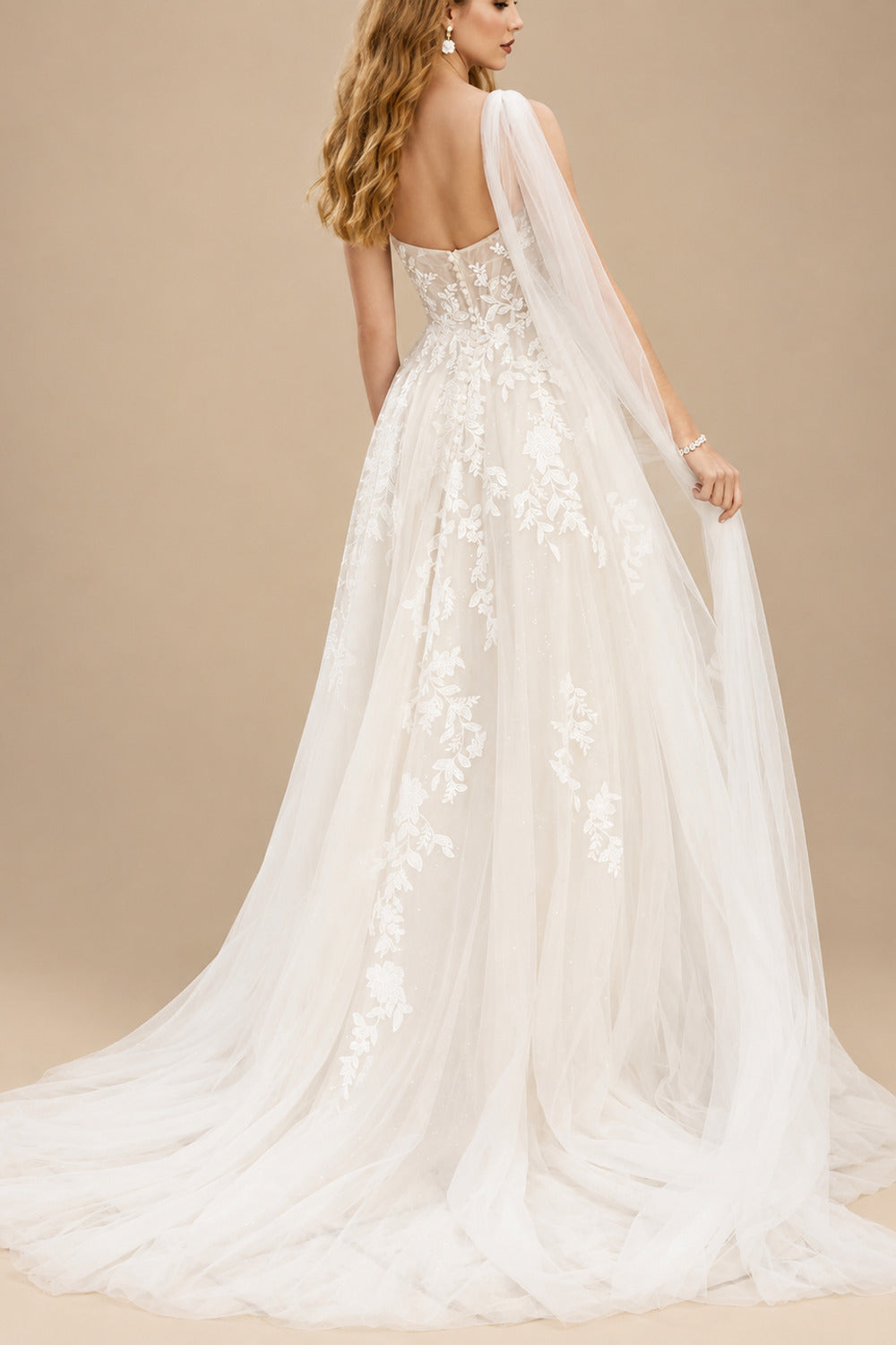 Rutipo Ivory Boho One-Shoulder Lace/Tulle Wedding Dresses With Sequins