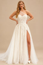 Rutipo Ivory Boho One-Shoulder Lace/Tulle Wedding Dresses With Sequins