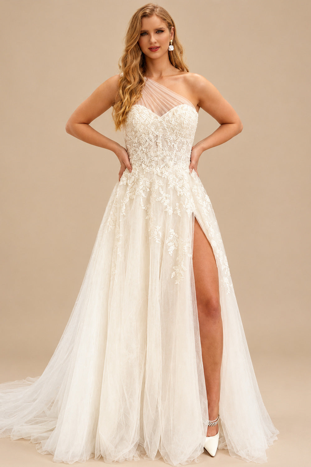 Rutipo Ivory Boho One-Shoulder Lace/Tulle Wedding Dresses With Sequins