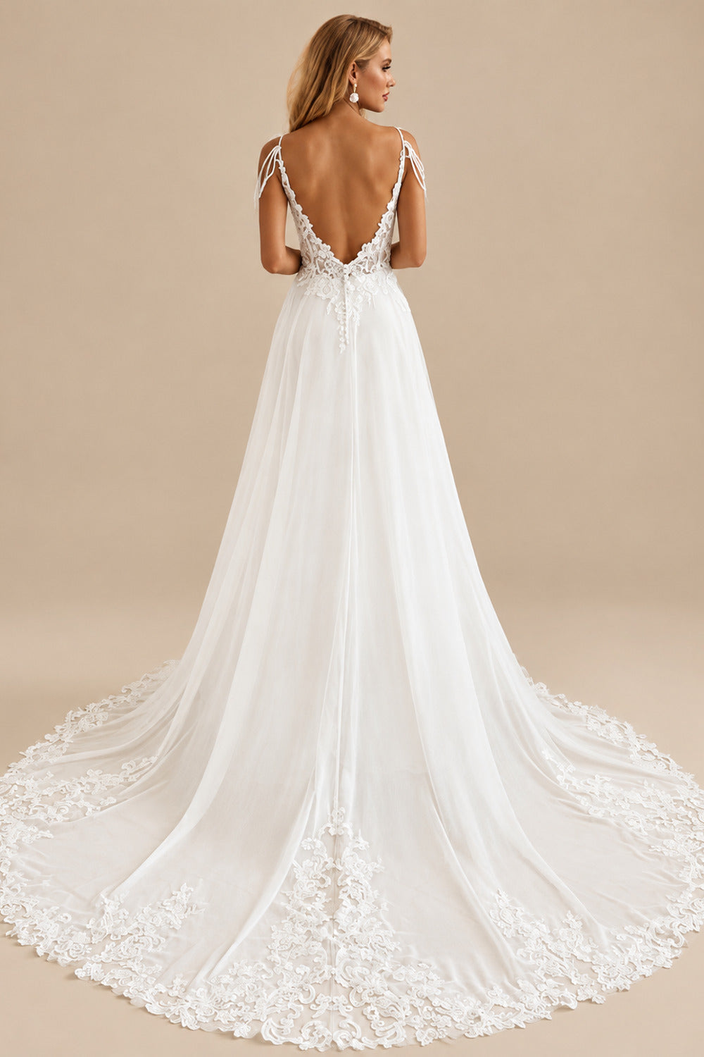 Rutipo Ivory Boho Lace Open Back Wedding Dresses With Slit