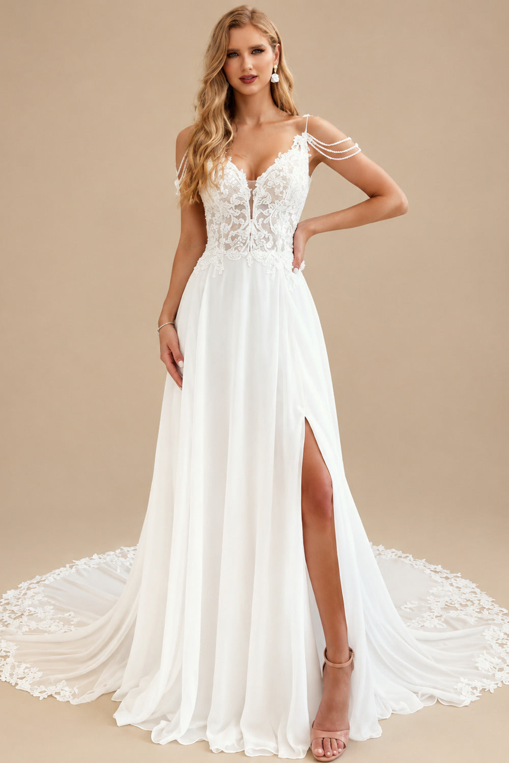 Rutipo Ivory Boho Lace Open Back Wedding Dresses With Slit