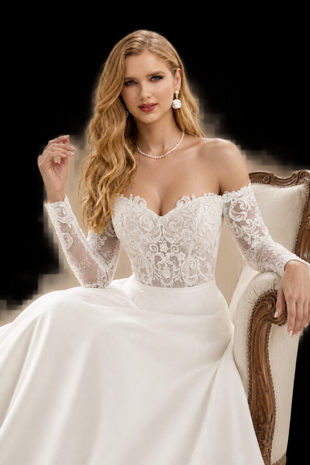 Rutipo Ivory Ball-Gown Classic Lace Long Sleeves Wedding Dresses With Satin