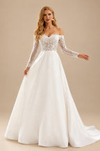 Rutipo Ivory Ball-Gown Classic Lace Long Sleeves Wedding Dresses With Satin