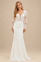 Rutipo Ivory Luxury Lace Semi Sheer LIlusion Sleeves And Back Mermaid Wedding Dresses With Lace Cathedral Train