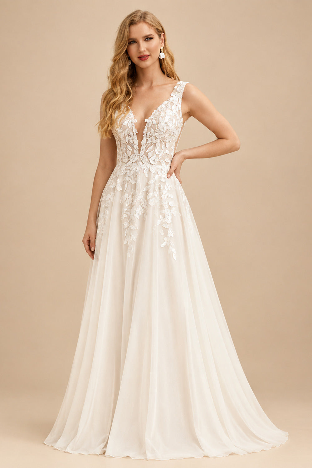 Rutipo Ivory A-Line V-Neck Sleeveless Tulle Wedding Dresses With Appliques Lace