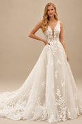 Rutipo Ivory A-Line V-Neck Sleeveless Tulle Wedding Dresses With Appliques Lace