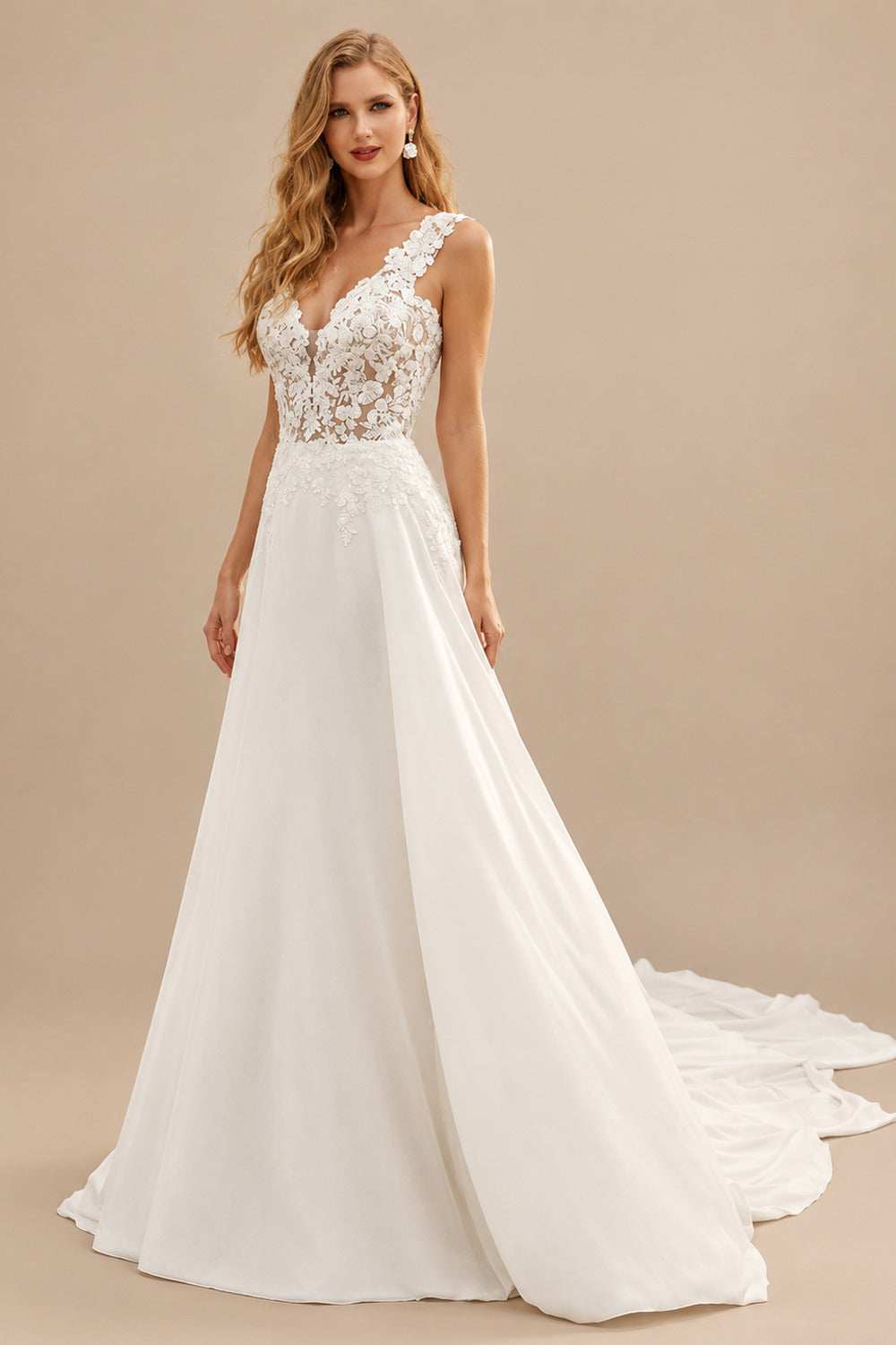 Rutipo Ivory A-Line V-Neck Sleeveless Court Train Chiffon/Lace Wedding Dresses With Lace