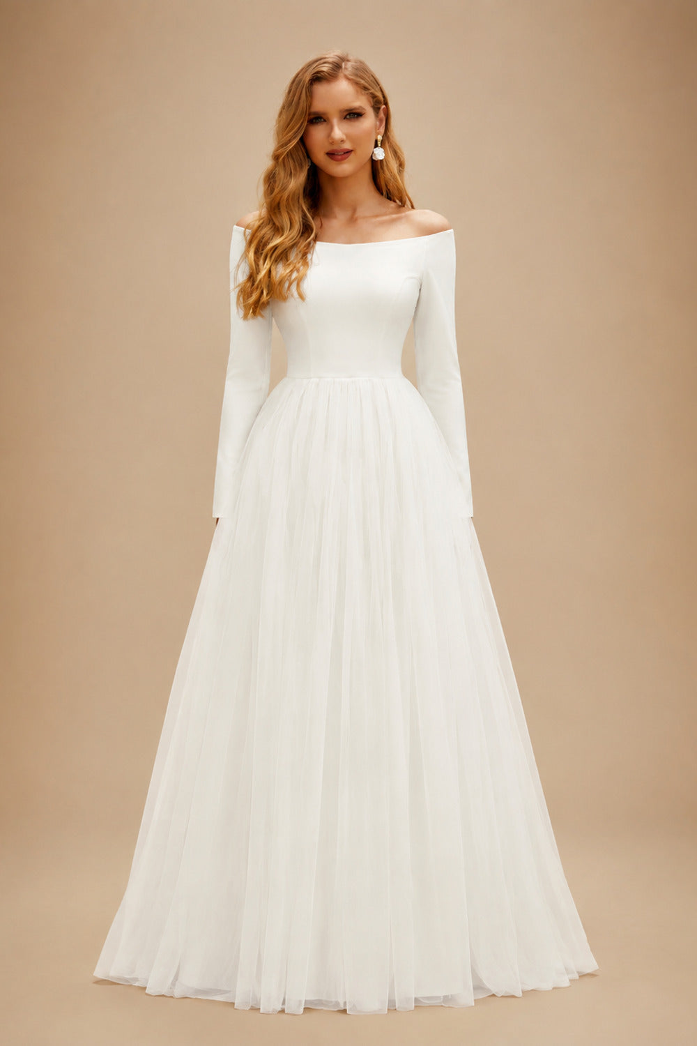 Rutipo Ivory Reception Off-The-Shoulder Ball-Gown Long Sleeves Wedding Dresses