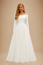 Rutipo Ivory Reception Off-The-Shoulder Ball-Gown Long Sleeves Wedding Dresses