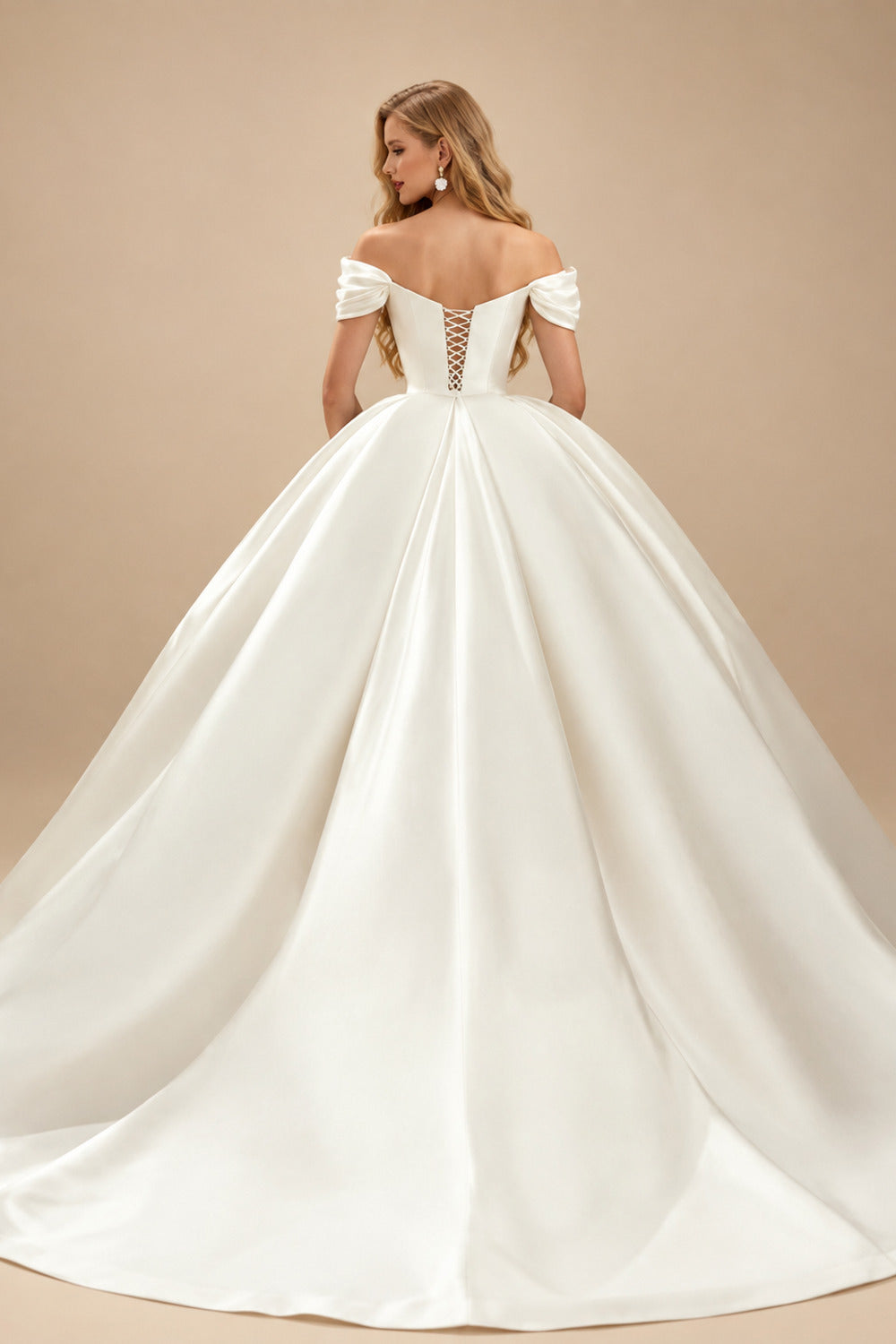 Rutipo Ivory Ball-Gown Off-The-Shoulder Luxury Satin Wedding Dresses With Ruffle