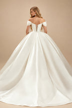 Rutipo Ivory Ball-Gown Off-The-Shoulder Luxury Satin Wedding Dresses With Ruffle