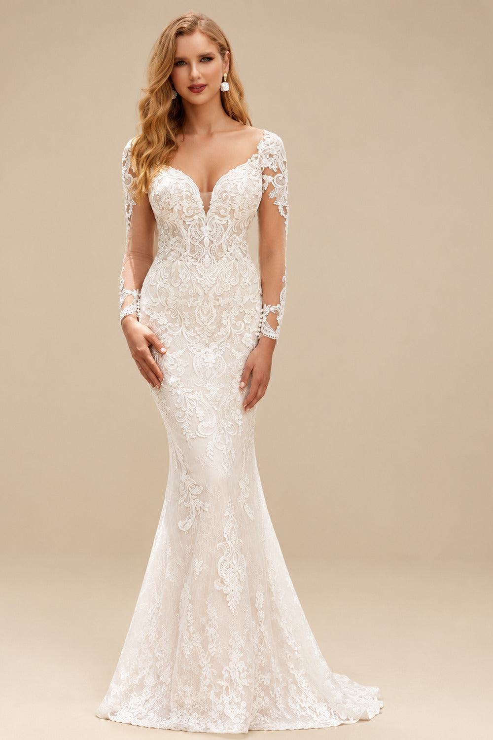 Rutipo Ivory Trumpet/Mermaid Luxury V-Neck Long Sleeve Wedding Dresses With Appliques Lace