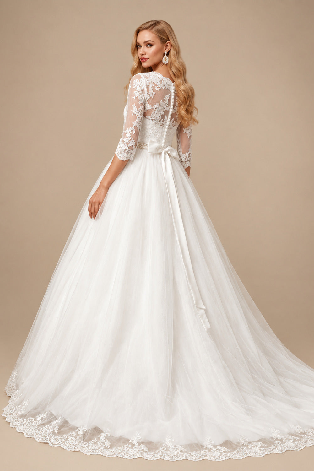 Rutipo Ivory Classic Lace Ball-Gown Sleeves Wedding Dresses