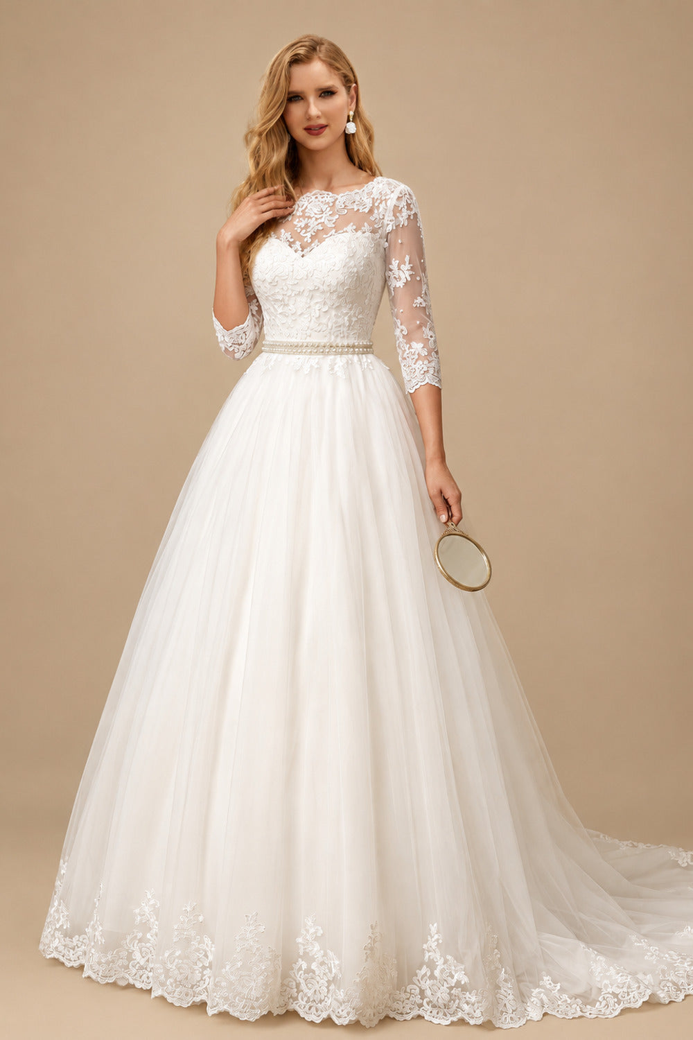 Rutipo Ivory Classic Lace Ball-Gown Sleeves Wedding Dresses