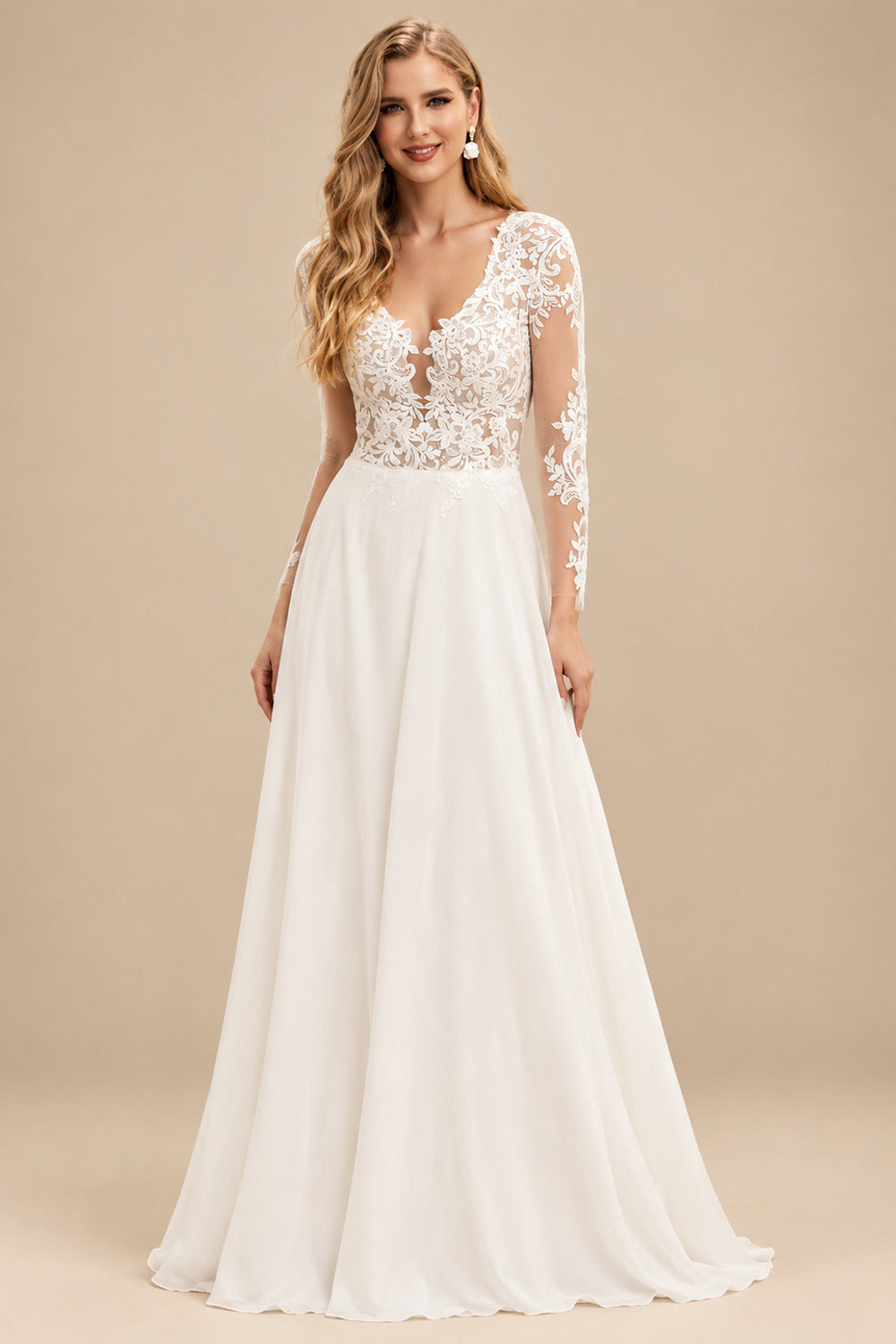 Rutipo Ivory A-Line V-Neck Long Sleeves Lace/Tulle Wedding Dresses With Split Front