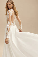 Rutipo Ivory A-Line V-Neck Long Sleeves Lace/Tulle Wedding Dresses With Split Front