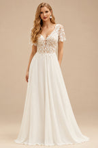 Rutipo Ivory A-Line V-Neck Long Sleeves Lace/Tulle Wedding Dresses With Split Front