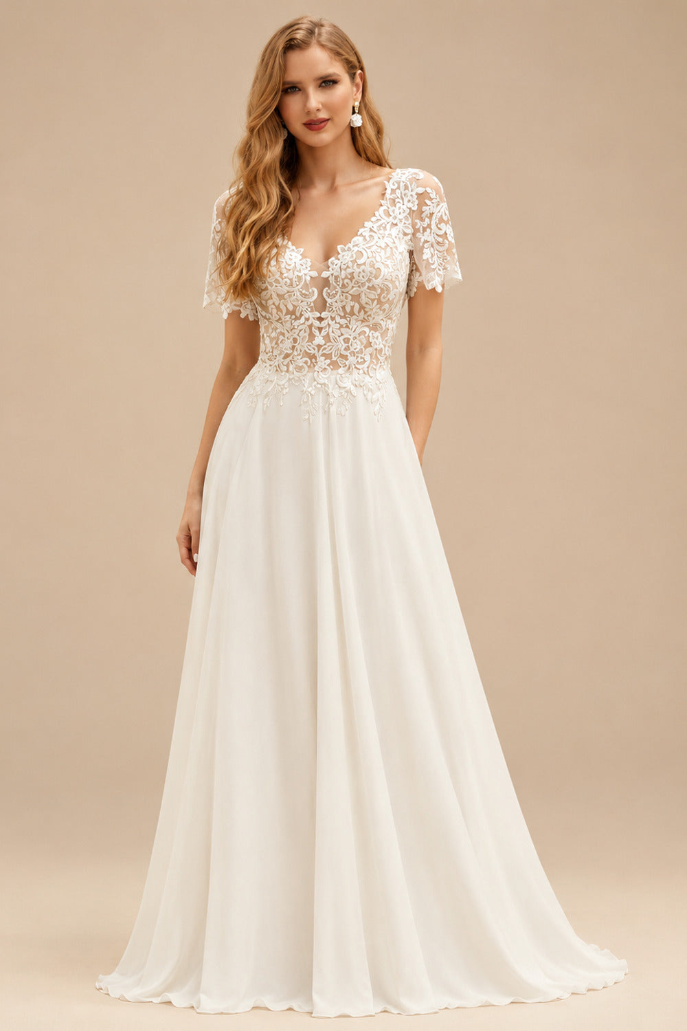 Rutipo Ivory A-Line V-Neck Long Sleeves Lace/Tulle Wedding Dresses With Split Front