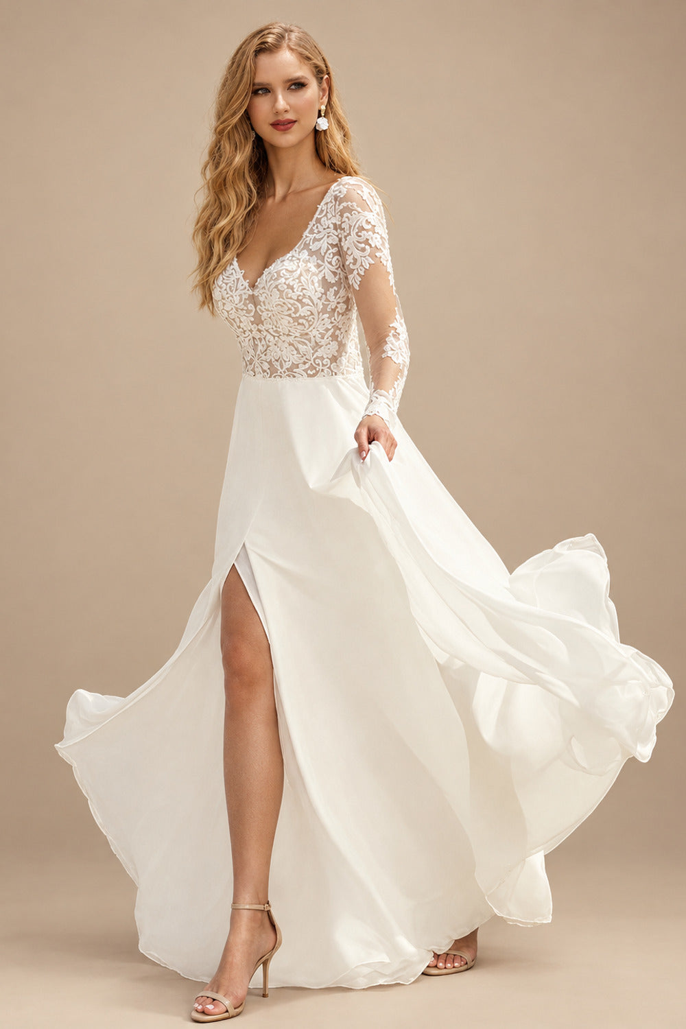 Rutipo Ivory A-Line V-Neck Long Sleeves Lace/Tulle Wedding Dresses With Split Front