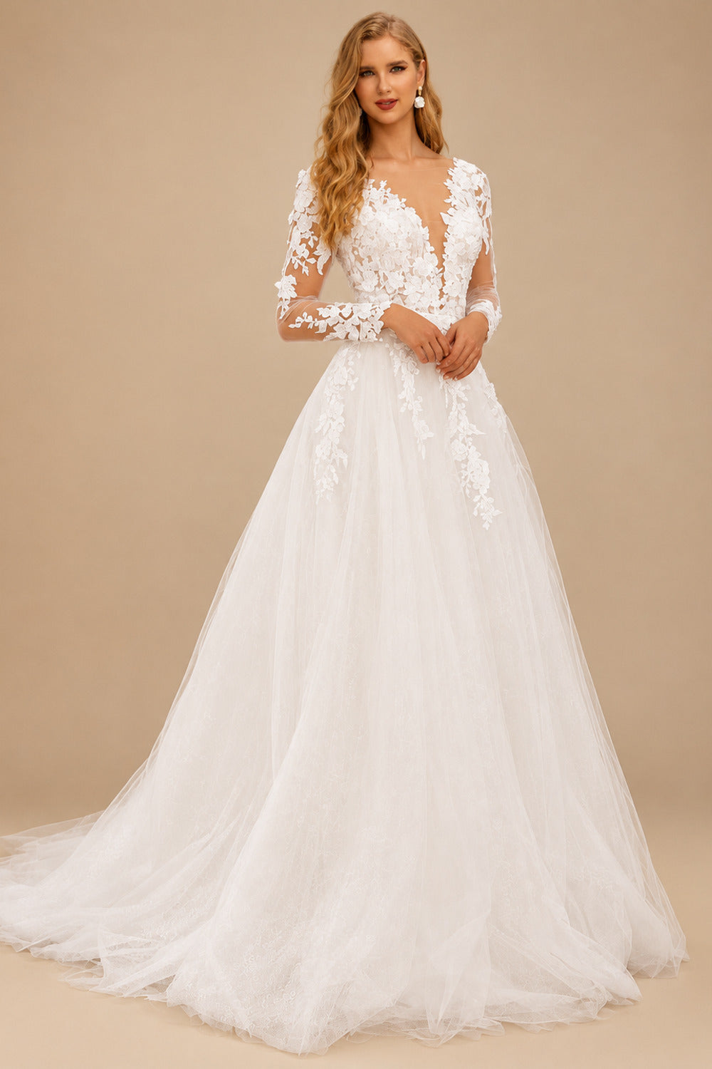 Rutipo Ivory Classic Princess Long Sleeves Lace Wedding Dresses