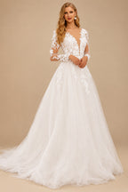 Rutipo Ivory Classic Princess Long Sleeves Lace Wedding Dresses