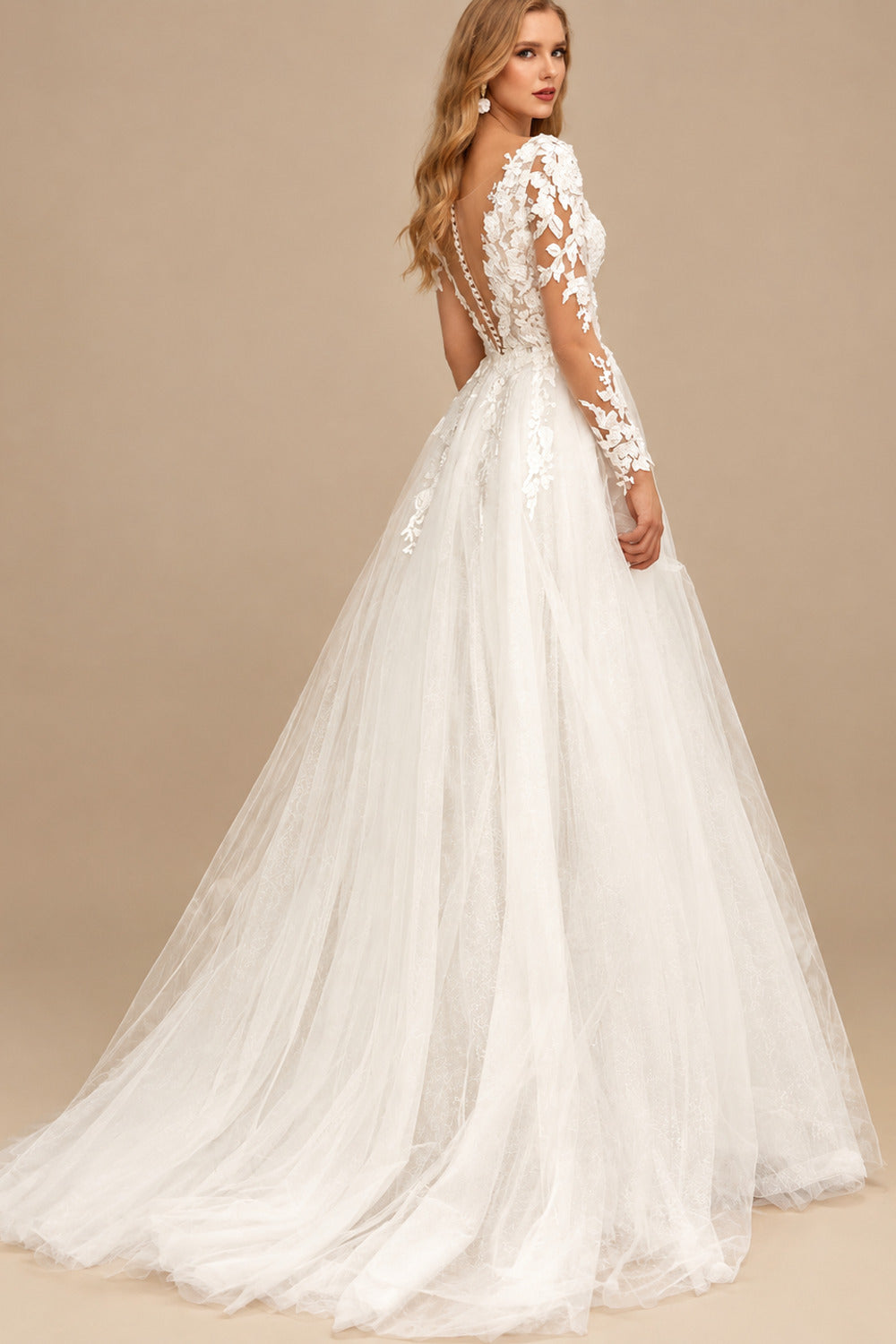 Rutipo Ivory Classic Princess Long Sleeves Lace Wedding Dresses