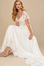 Rutipo Ivory A-Line V-Neck Elegant Lace/Tulle Stretch Chiffon Wedding Dresses With Removable Sleeves