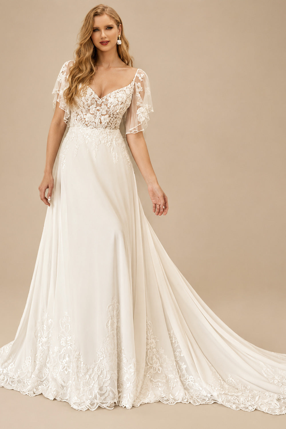 Rutipo Ivory A-Line V-Neck Elegant Lace/Tulle Stretch Chiffon Wedding Dresses With Removable Sleeves