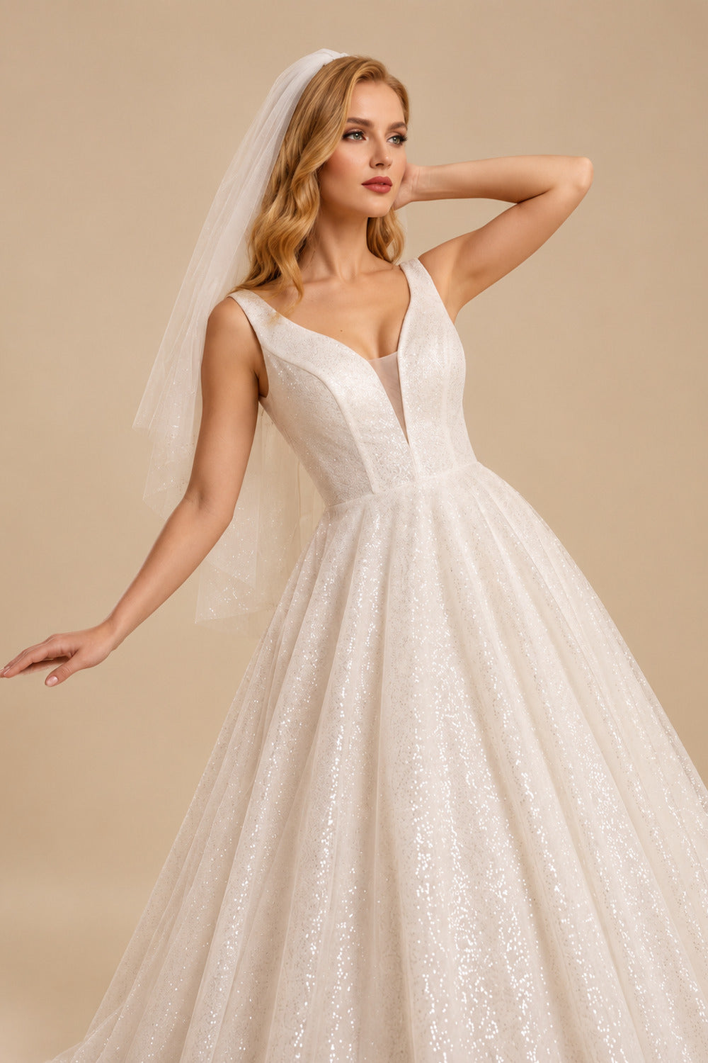 Rutipo Ivory Ball-Gown Sparkly Sequined Princess Open Back Wedding Dresses